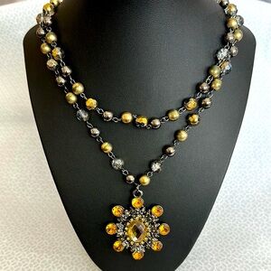 Gold, Amber and Brown Multi-Strand Necklace with Ornate Pendant